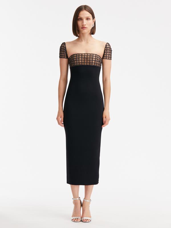 Shop Oscar De La Renta Crystal Grid Cap Sleeve Dress In Black