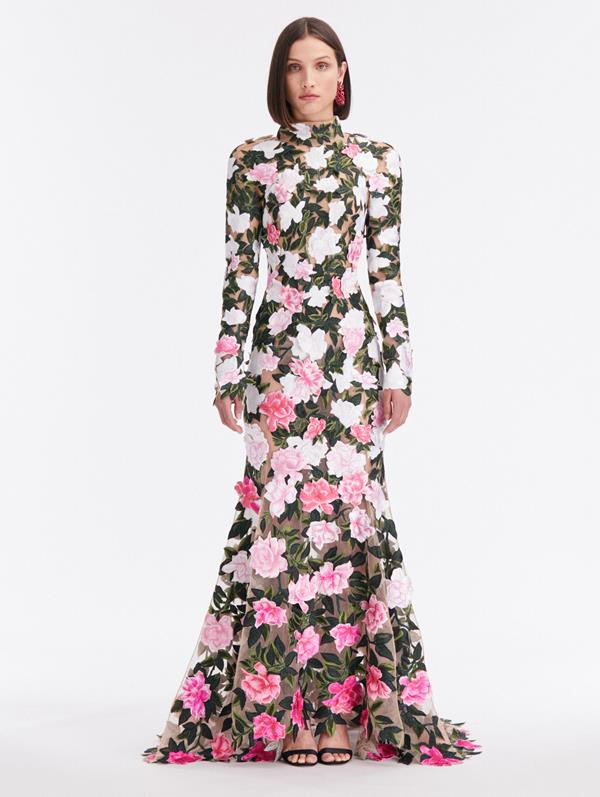 Oscar De La Renta Gardenia Threadwork Gown In Multi
