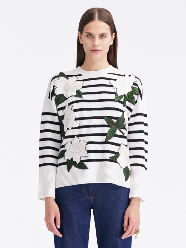 Oscar De La Renta Gardenia Applique Stripe Wool Sweater In White/black
