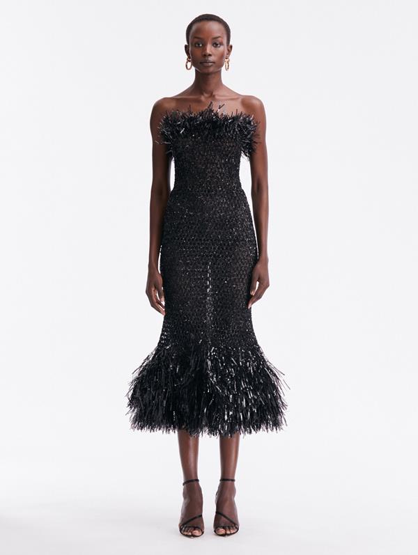 Oscar De La Renta Fringe-trimmed Embroidered Midi Dress In Black