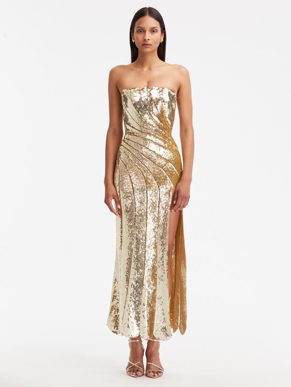 Oscar De La Renta Strapless Sequin-embellished Wave Scallop Dress In Gold