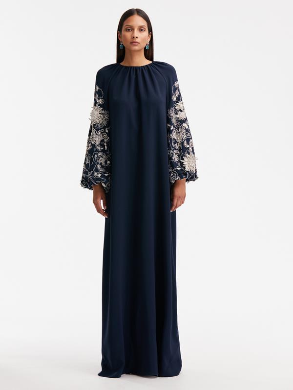 Oscar De La Renta Embroidered-design Silk-blend Dress In Navy W/ Sil