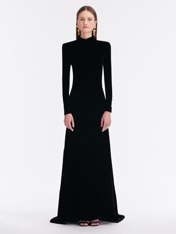 Shop Oscar De La Renta Mock Neck Velvet Gown In Black