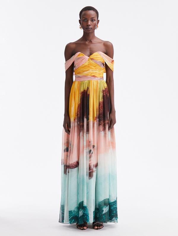 Oscar De La Renta Landscape-print Chiffon Gown In Teal Multi