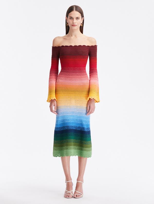 Shop Oscar De La Renta Off Shoulder Rainbow Ombré Crochet Dress