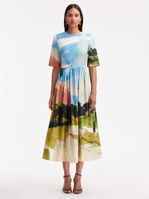 Shop Oscar De La Renta Abstract Landscape Cotton Poplin Dress In Powder Blue Mul