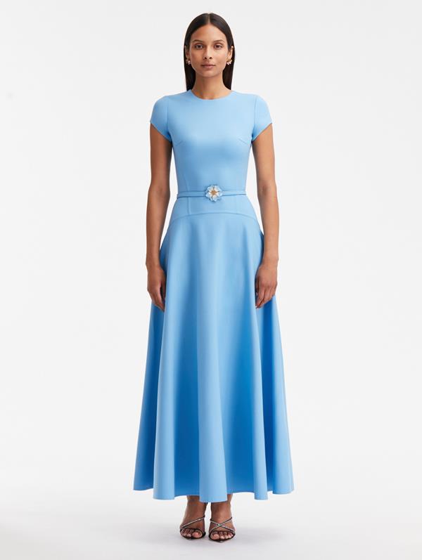 Oscar De La Renta Jewel Neck Stretch-wool Full Maxi Dress In Blue