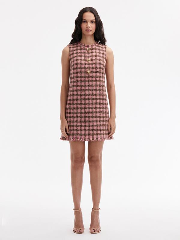 Oscar De La Renta Checkered Tweed Shift Dress In Pink/brown