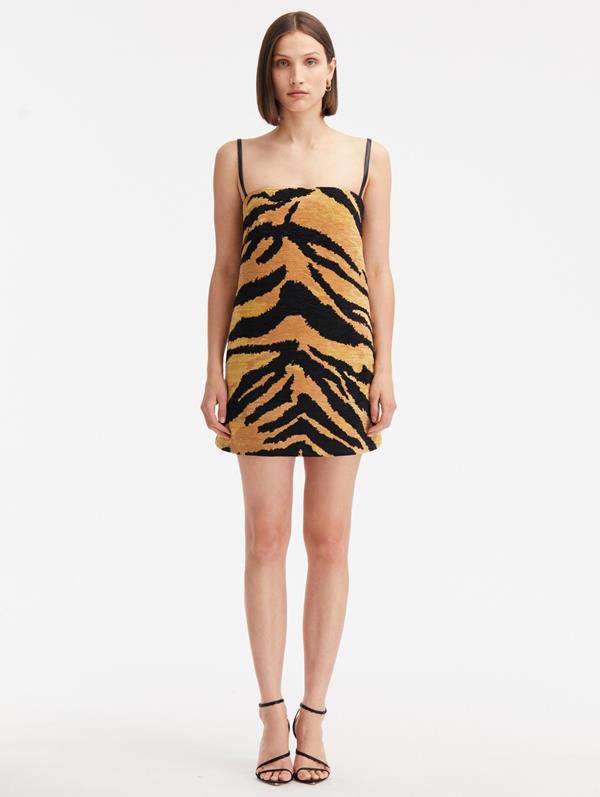 Shop Oscar De La Renta Chenille Tiger Jacquard Mini Dress In Camel/black