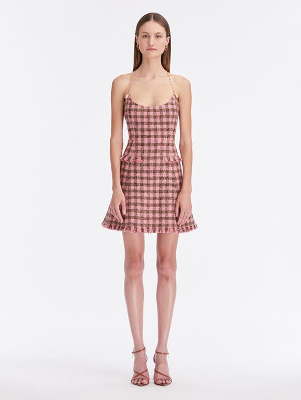 Shop Oscar De La Renta Checkered Tweed Jeweled Halter Dress In Pink/brown