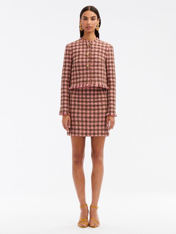 Oscar De La Renta Checkered Tweed Pencil Skirt In Pink/brown