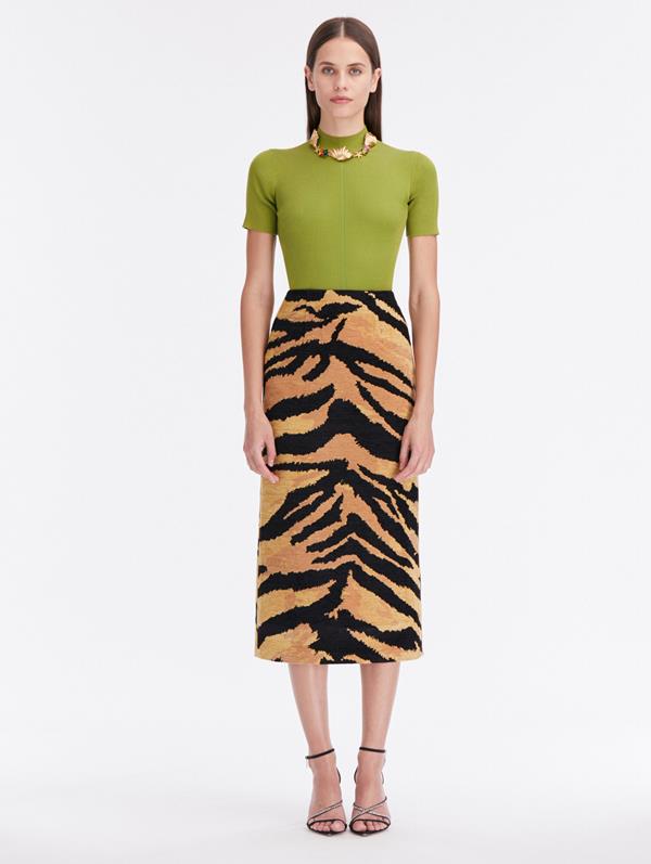 Shop Oscar De La Renta Chenille Tiger Jacquard Pencil Skirt In Camel/black