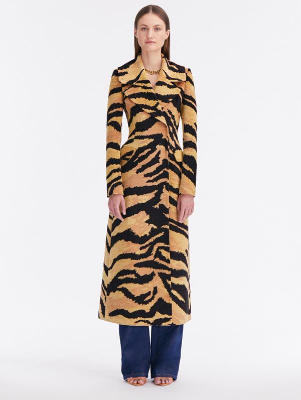 Shop Oscar De La Renta Chenille Tiger Jacquard Coat In Camel/black
