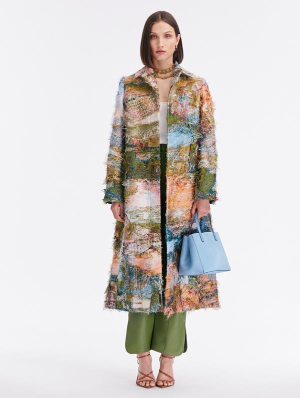 Oscar De La Renta Abstract-pattern Print Notched-collar Coat In Powder Blue Mul