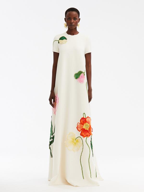 Shop Oscar De La Renta Painted Poppies Embroidered Gown In Ivory