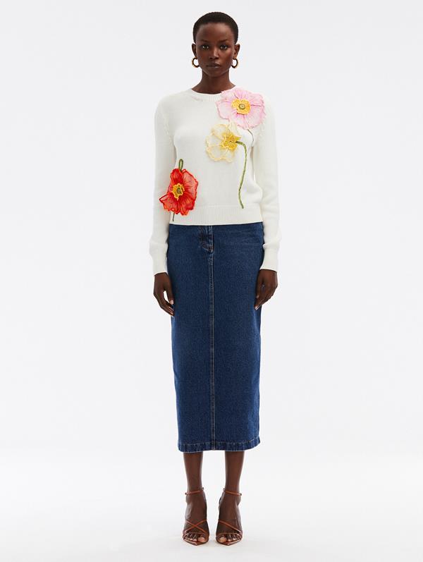 Oscar De La Renta Painted Poppies Organza Embroidered Pullover In White