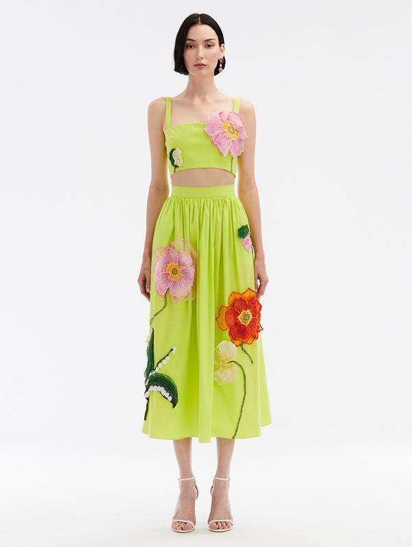 Oscar De La Renta Painted Poppies Embroidered Skirt In Neon Yellow