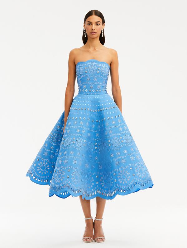 Oscar De La Renta Crystal-embellished Strapless Midi Dress In Blue
