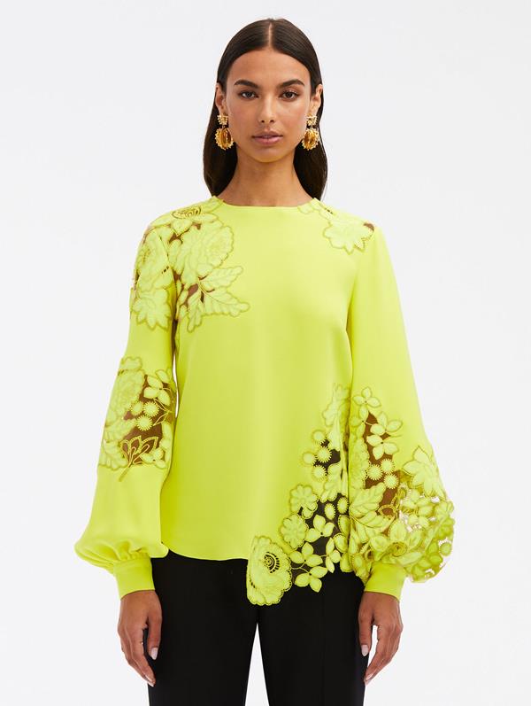 Shop Oscar De La Renta Mixed Botanical Embroidered Blouse In Neon Yellow