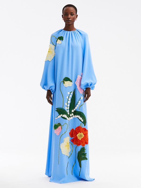 Oscar De La Renta Painted Poppies & Lily-embroidered Kaftan Maxi Dress In Blue