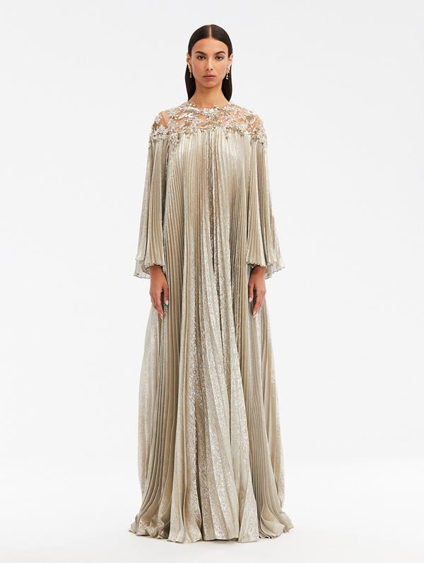 Oscar De La Renta Pleated Crystal-embellished Caftan Dress In Silver