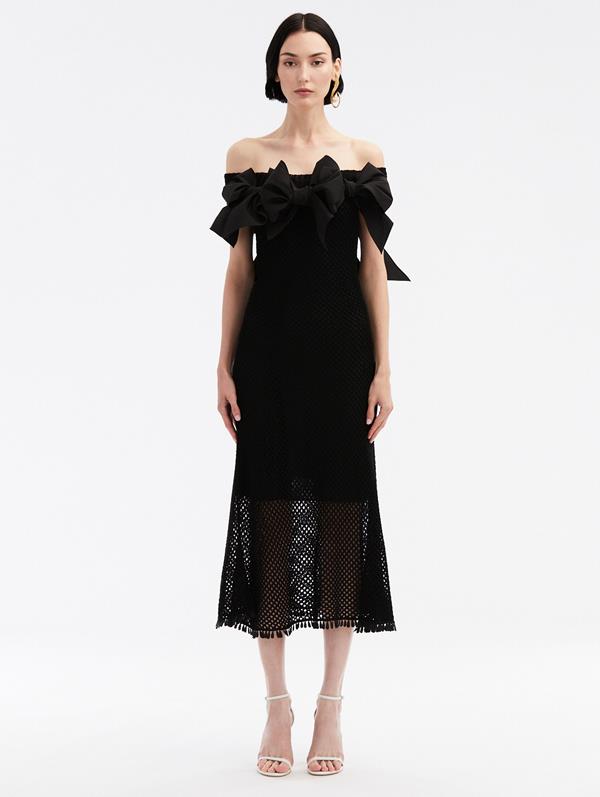 Oscar De La Renta Bow-detail Open-knit Midi Dress In Black