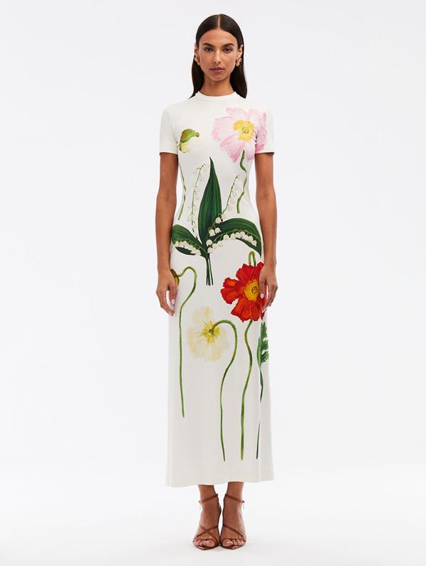 Oscar De La Renta Floral-printed Jersey Maxi Dress In White Multi
