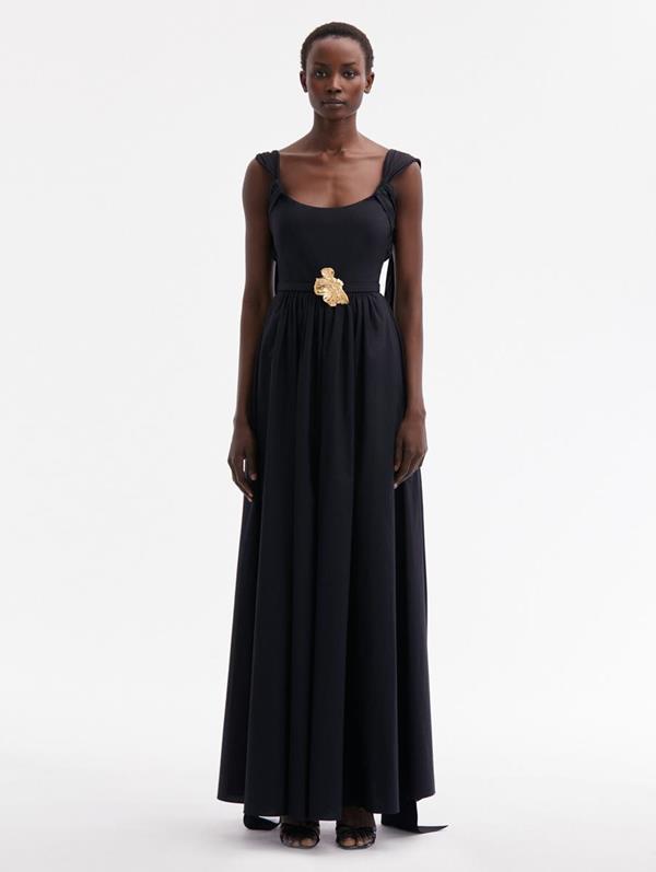Oscar De La Renta Floral Belt Cotton Poplin Dress In Black