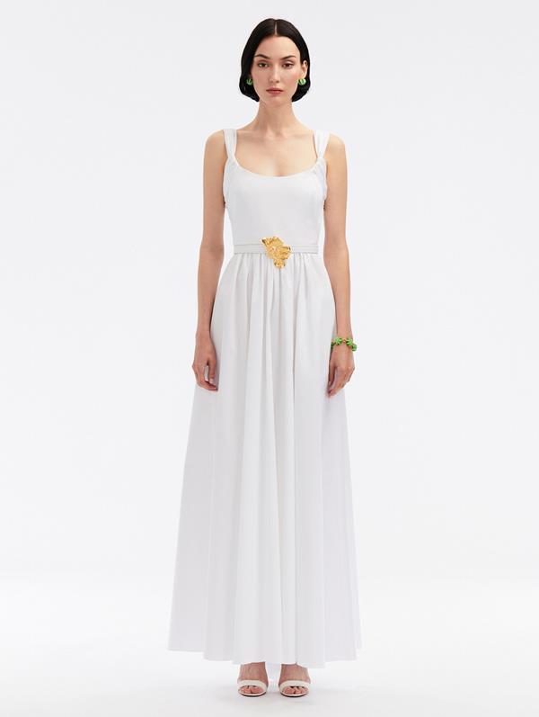 Oscar De La Renta Floral Belt Cotton Poplin Dress In White