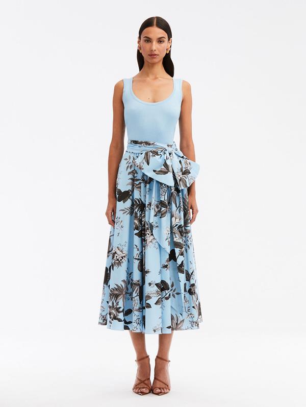 Shop Oscar De La Renta Flora & Fauna Cotton Poplin Knit Dress In Black/lt Blue