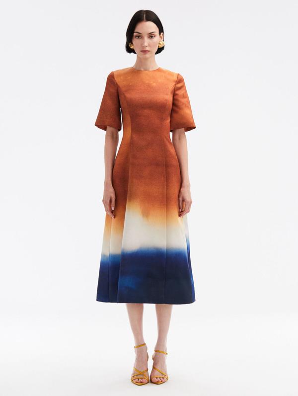 Oscar De La Renta Abstract Ombré-print Satin Midi Dress In Orange