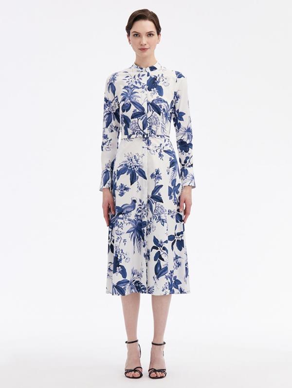 Shop Oscar De La Renta Flora & Fauna Cotton Poplin Dress In Blue/white