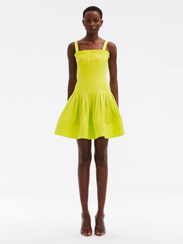 Shop Oscar De La Renta Pleated Cotton Poplin Mini Dress In Neon Yellow