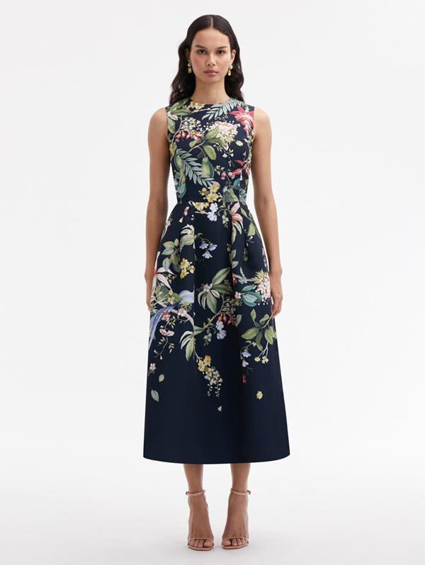 Oscar De La Renta Degrade Floral Fauna-print Sleeveless Fit-&-flare Midi Dress In Navy Multi