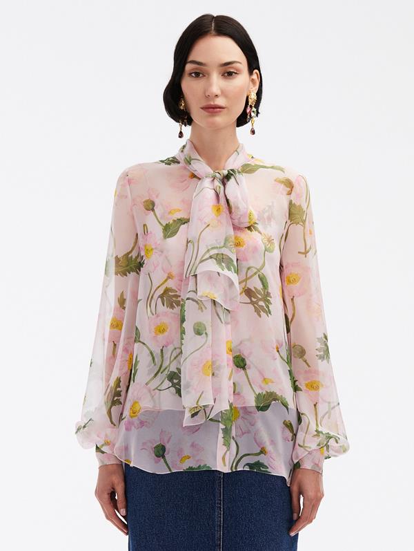 Painted Poppies Tie-Neck Chiffon Blouse