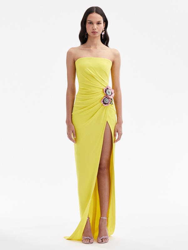Shop Oscar De La Renta Poppy Embroidered High Slit Gown In Canary