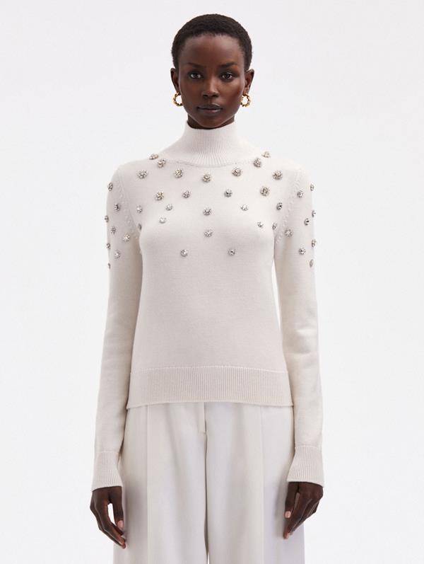 Shop Oscar De La Renta Crystal Embroidered Turtleneck In Ivory