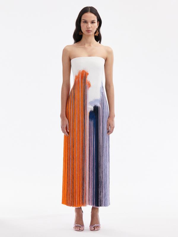 OSCAR DE LA RENTA ABSTRACT BRUSHSTROKE FRINGE COCKTAIL DRESS 