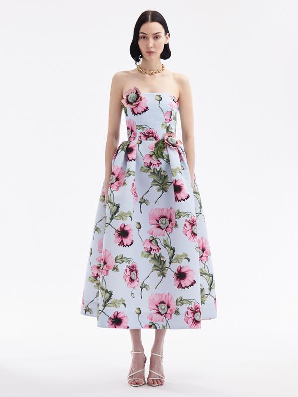 Oscar De La Renta Poppy Embroidered Strapless Dress In Light Blue/pink