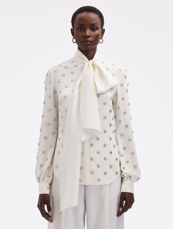 OSCAR DE LA RENTA CRYSTAL EMBROIDERED TIE-NECK BLOUSE 