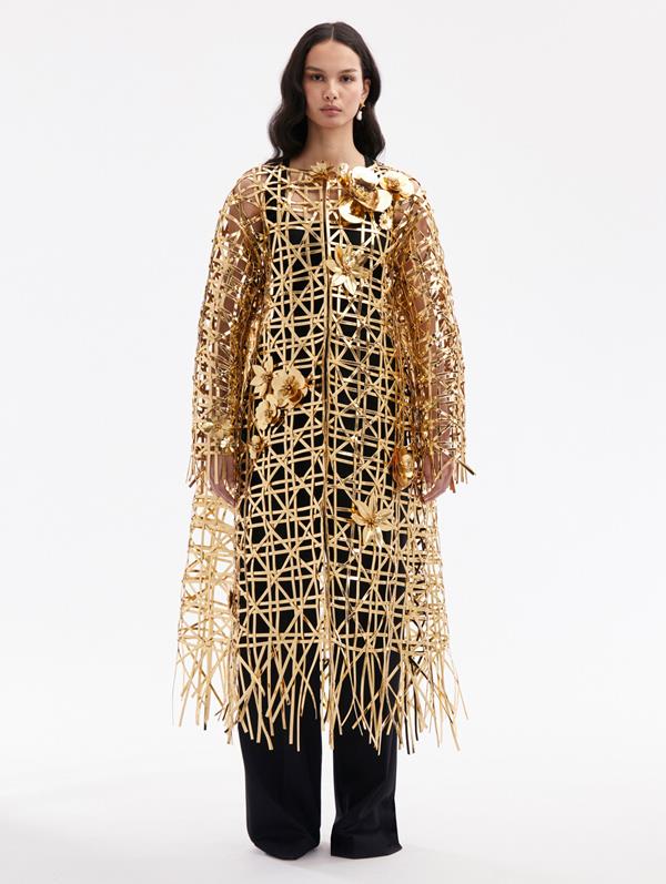 Oscar De La Renta Lattice Embroidered Coat In Gold