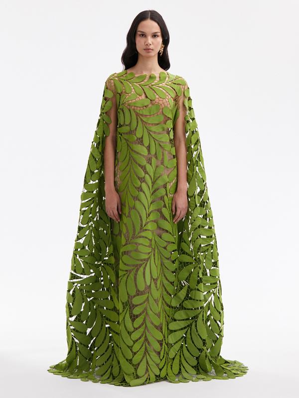 Oscar De La Renta Fern Embroidered Faille Caftan In Avocado