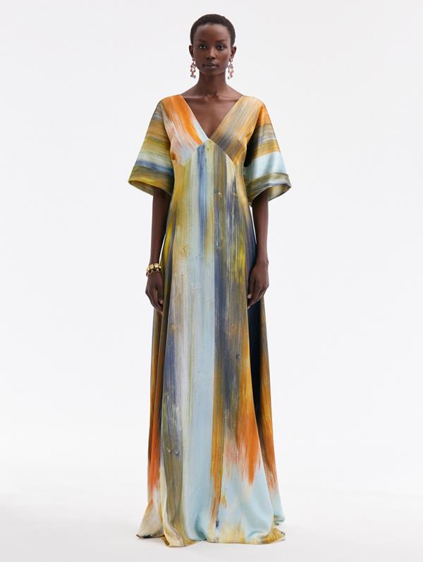 Shop Oscar De La Renta Abstract Brushstroke Marocaine Gown In Calendula Multi