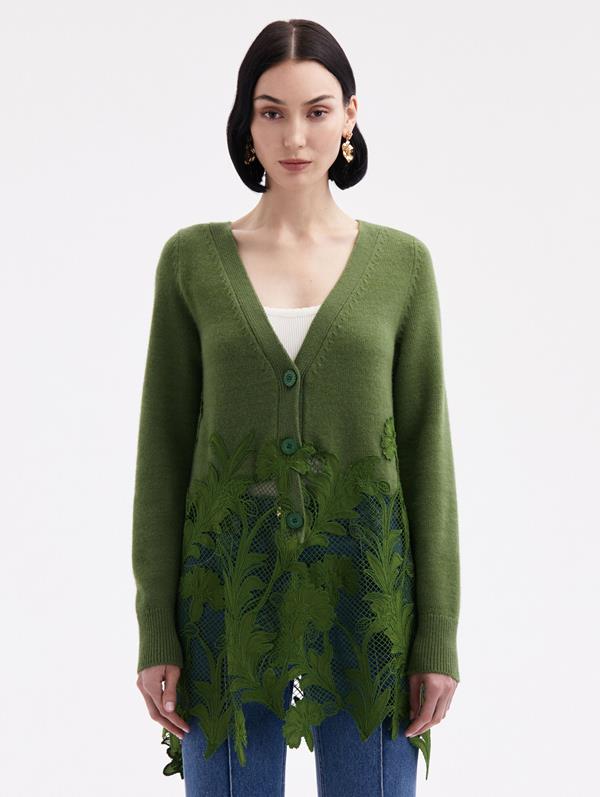 Oscar De La Renta Marbled Carnation Guipure Long Cardigan In Fern