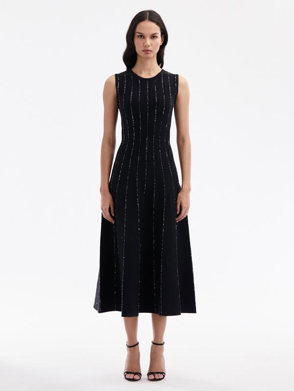 Shop Oscar De La Renta Sequin Embroidered Knit Dress In Black