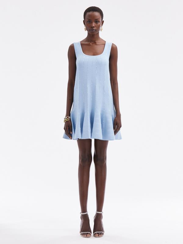 Oscar De La Renta Sequin Embroidered Knit Mini Dress In Light Blue