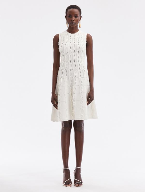 Shop Oscar De La Renta Wave Knit Fit & Flare Dress In Ivory