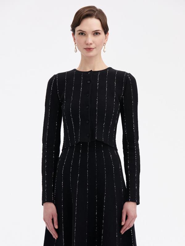 Oscar De La Renta Cropped Sequin Yarn Cardigan In Black