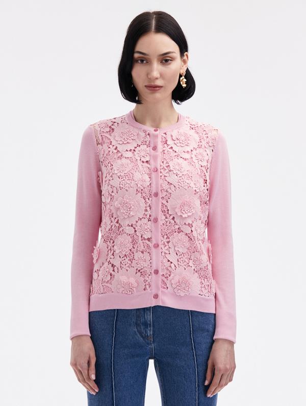 Shop Oscar De La Renta Floral Guipure Inset Cardigan In Soft Pink