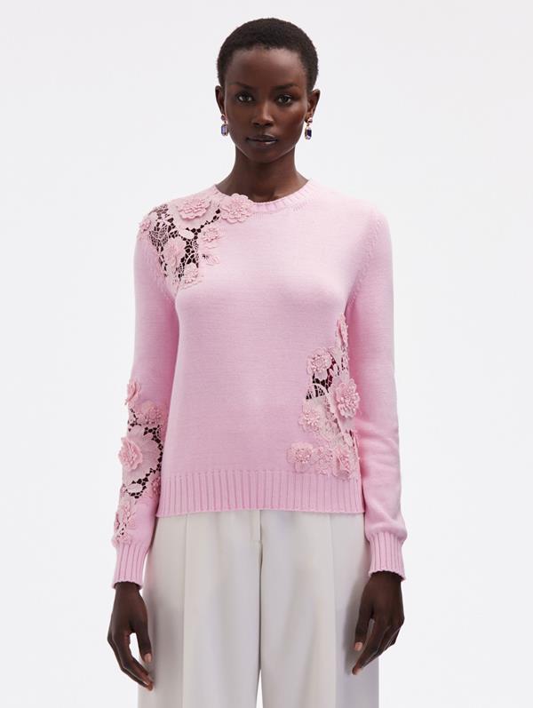 Shop Oscar De La Renta Floral Guipure Inset Pullover In Soft Pink